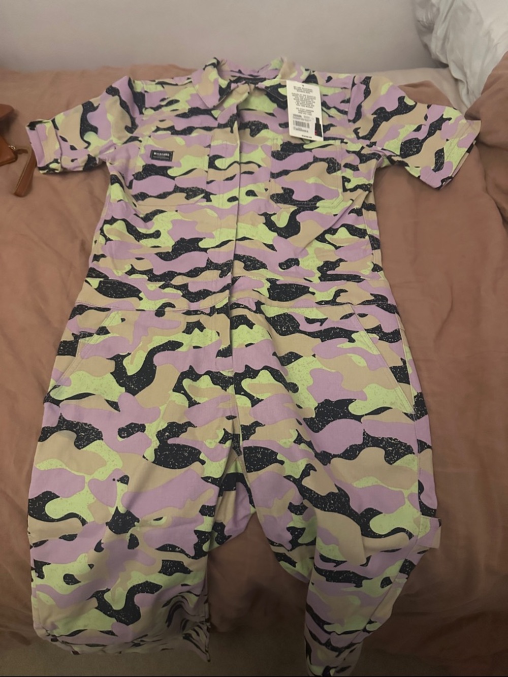 Wildfang Pastel ladies size S Camo Jumpsuit in Pink, Yellow, purple & Black NWT
